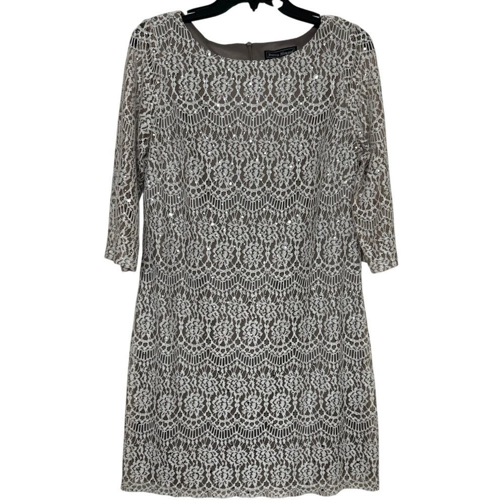 Jessica Howard Lace Sequin Dress Taupe Ivory Wedding Guest Event Midi 12P NWT